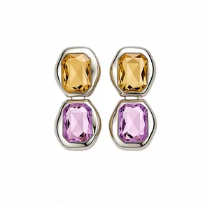 Elegant silver drop earrings with rectangular yellow and purple crystals