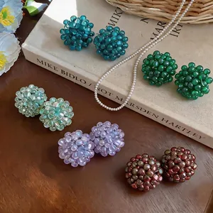 Handmade Glass Beaded Flower Stud Earrings For Women Dopamine Style 925 Sterling Silver Post Fashion Sweet Jewelry Gift