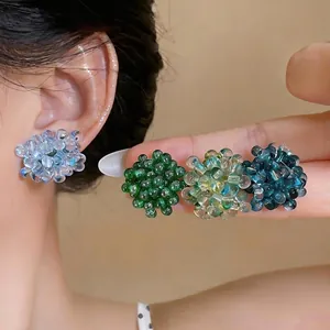 Colorful dopamine glass beaded flower stud earrings for women with trendy design