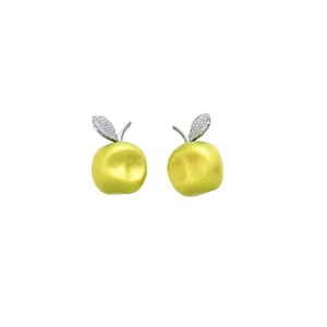 Fresh green apple stud earrings with a shimmering pearlescent finish and crystal-paved leaf