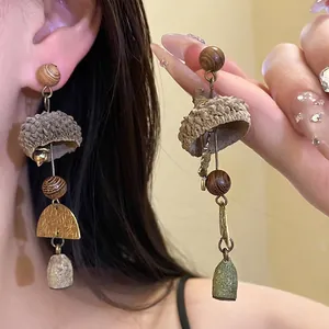 Vintage Mori Style Eucalyptus Fruit Long Drop Earrings For Women Literary Natural Wood Metal Geometric Hammered Earrings Jewelry