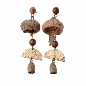 Vintage forest style long earrings with eucalyptus fruit and wooden beads