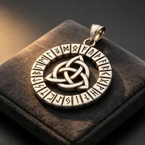 Vintage Viking stainless steel circular pendant with Celtic knot and Elder Futhark runes
