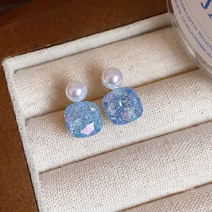 Minimalist light blue square glass stud earrings with white pearl accents