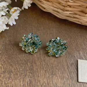 Handcrafted teal glass bead flower cluster stud earrings for a fresh chic summer look
