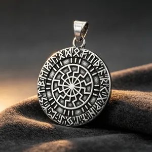 Detailed view of titanium steel Viking pendant featuring Slavic Sun and ancient rune engravings