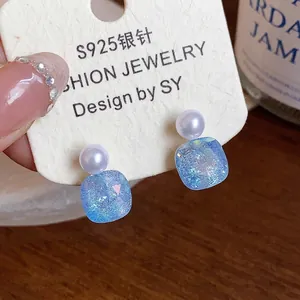Sparkling blue square glass and pearl stud earrings with S925 silver needle for women