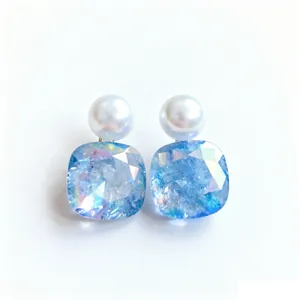 Elegant square blue faceted glass stud earrings with white pearls in minimalist style
