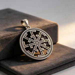 Detailed macro shot of a Slavic Kolovrat sun wheel pendant in antique silver finish.