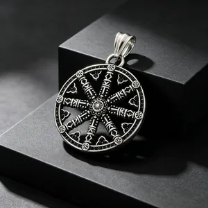 Detailed close-up of a vintage Slavic solar wheel pendant made of durable titanium steel.