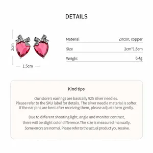 Pink heart-shaped stud earrings with shimmering zircon bow detail, copper material