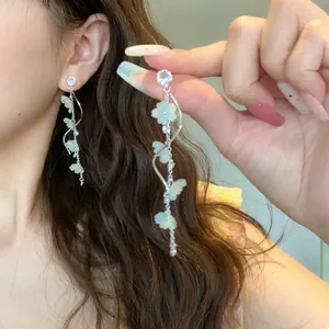 Luxury Resin Flower Long Tassel Drop Earrings For Women Elegant Sparkling Rhinestone Vacation Style Silver Post Jewelry