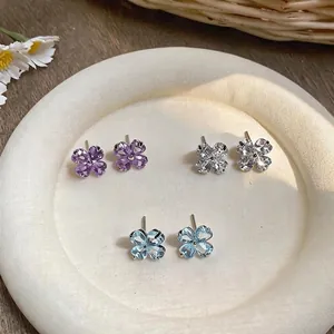 Exquisite four-leaf clover zircon stud earrings in purple, white and blue crystals