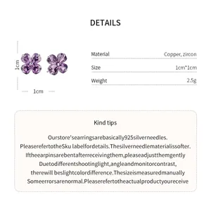 Close-up detail of purple flower zircon earrings showing 1cm size and material info