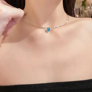 French Minimalist Blue Heart Zirconia Pendant Necklace For Women Copper Silver Plated Clavicle Chain Senior Sense Jewelry