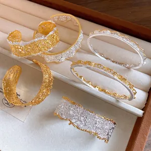 French Romantic Lace Texture Open Cuff Bangle For Women Gold Silver Plated Copper Zirconia Inlaid Hollow Out Vintage Bracelet Jewelry