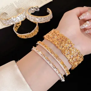 Elegant French lace texture open bangle with shimmering stones for women and jewelry lovers