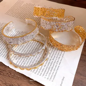 French style lace texture open cuff bracelets in elegant gold and silver metallic tones