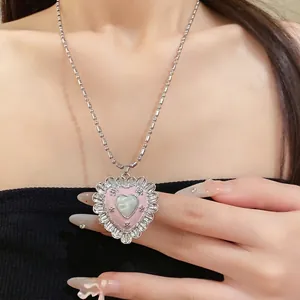 Vintage stainless steel heart pendant necklace with pink enamel cat-eye stone and zircons
