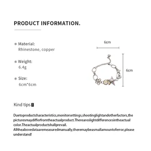 Product information and size details for the rhinestone flower star heart charm bracelet