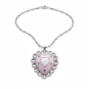 Elegant vintage stainless steel heart necklace with pink enamel cat eye stone and zircons
