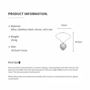 Macro detail of stainless steel heart necklace with sizing info and dimensions