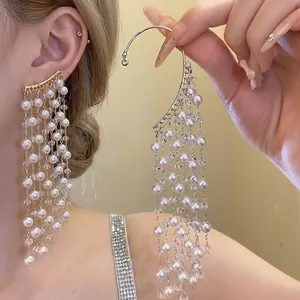 Western Retro Copper Artificial Pearl Long Tassel Ear Hook Exquisite Glass Bead Ear Cuff For Women Banquet Party Jewelry