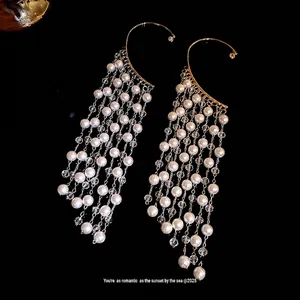 Elegant vintage gold-plated long tassel ear cuffs with white pearls and clear crystals