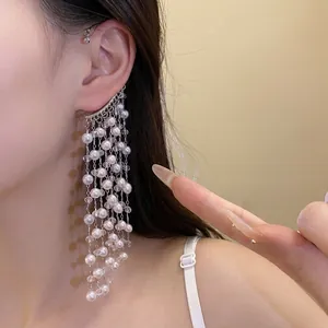Elegant vintage long pearl tassel ear cuff earring for a sophisticated and high-end fashion look
