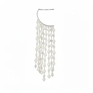 Elegant silver ear cuff featuring multi-strand white pearl and crystal tassels.