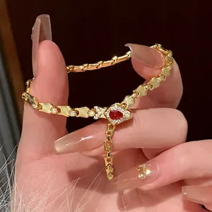 Vintage Snake Bone Bracelet For Women Gold Plated Zirconia Red Stone Open Ring Adjustable Luxury Designer Style Jewelry