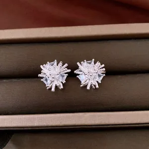 Dettaglio ravvicinato di orecchini a lobo a fiore in zircone con perno in argento