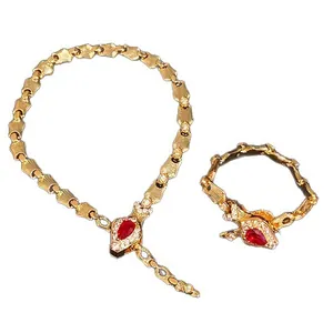 Vintage luxury gold-plated snake jewelry set with red pigeon blood ruby gemstones for women