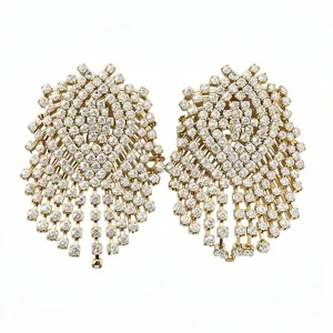 Luxury geometric tassel drop earrings with sparkling crystals in gold plating finish