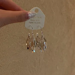 Detail view of stylish silver sequin tassel earrings with elegant fringe design