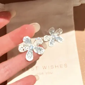 S925 Silver Post Rhinestone Glass Flower Stud Earrings Elegant Light Luxury Floral Earrings Summer Fresh Jewelry For Women
