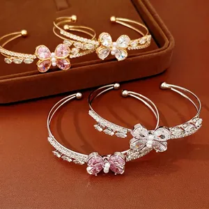 Light Luxury Copper Zirconia Butterfly Double Layer Hollow Open Bangle For Women Elegant Adjustable Fashion Bracelet Jewelry