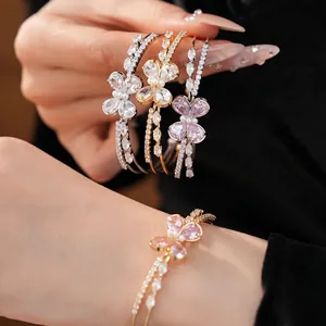 Elegant double-layered cubic zirconia butterfly open bangle bracelet for women's jewelry