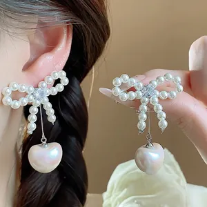 French Style Sweet Butterfly Bow Heart Artificial Pearl Stud Earrings Rhinestone Inlaid Steel Earring Post Jewelry For Women