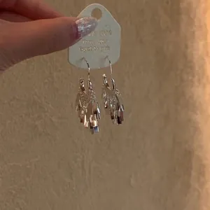 Detailed view of silver sequin tassel earrings in a minimalist chic and modern design