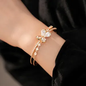 Elegant gold double-layered butterfly zircon cuff bracelet for women's fashion jewelry