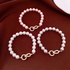 French Vintage Light Luxury Round Zirconia Inlaid Artificial Pearl Bracelet For Women Elegant Gold Plated Copper Hand Chain Jewelry