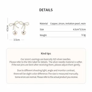 Detailed specs for bow-knot heart pearl earrings with silver needles and zircons