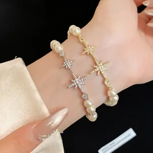 Elegant Copper Artificial Pearl Bracelet For Women Gold Silver Plated Rhinestone Star Charm Bracelet Minimalist Jewelry Gift