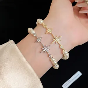 Elegant 18k gold plated star pearl bracelet with sparkling zircons for women