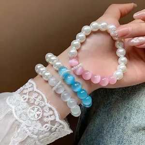 Women Sweet Fresh Artificial Pearl Bracelet With Synthetic Cat's Eye Beads Light Luxury Elegant Beaded Hand Chain For Daily Party Jewelry Gift