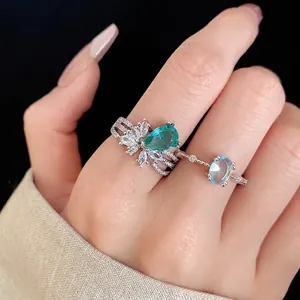 Bague Ouverte Ajustable en Zircone Goutte d'Eau à Trois Couches Bijoux en Cuivre de Luxe Personnalisés pour Femmes