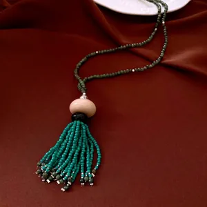 Retro Ethnic Style Glass Glaze Beads Resin Tassel Pendant Necklace Hand Woven Long Sweater Chain For Women Jewelry Gift