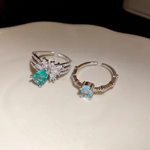 Bagues ouvertes en argent avec pierres de zircon en forme de goutte vert menthe et bleu