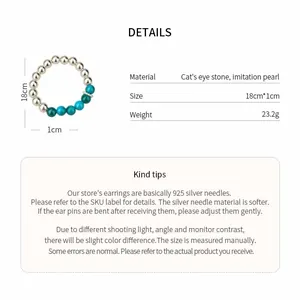 Detail of bracelet with cat's eye stones and imitation pearls showing dimensions